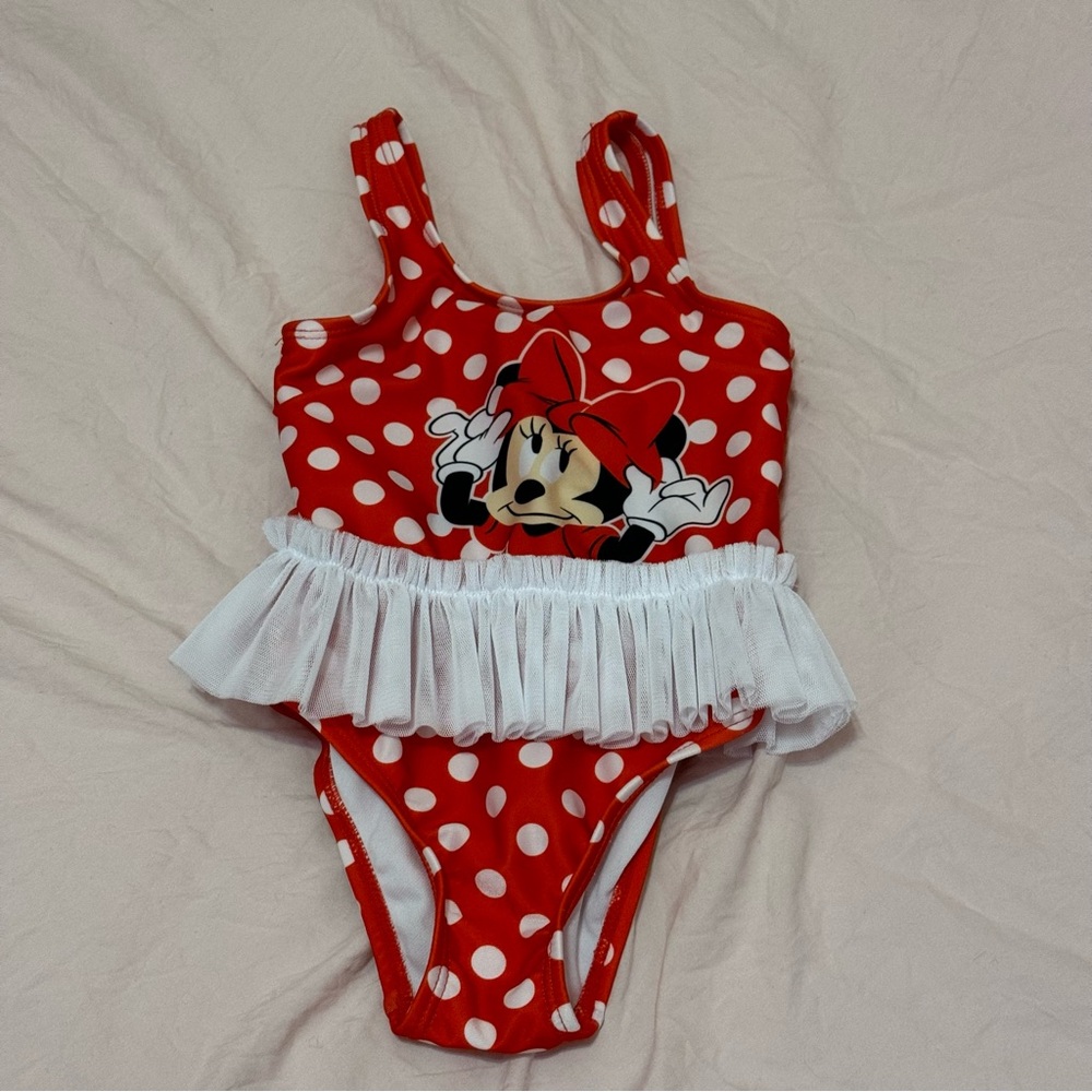 Disney Baby Minnie Mouse Red White Polka Dot Tulle Skirt One Piece Swimsuit 18M